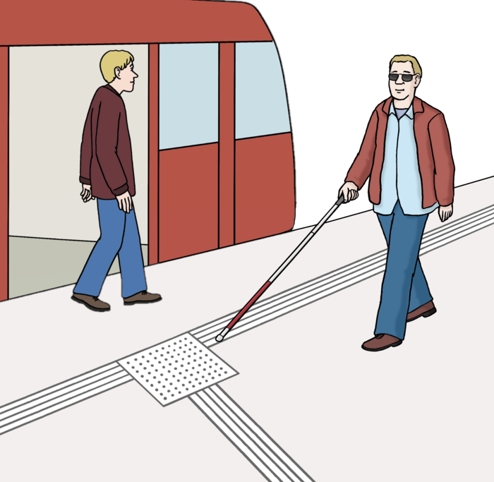 Blinde Person ertastet mit Blindenstab das Leitsystem um in die Straßenbahn einzusteigen